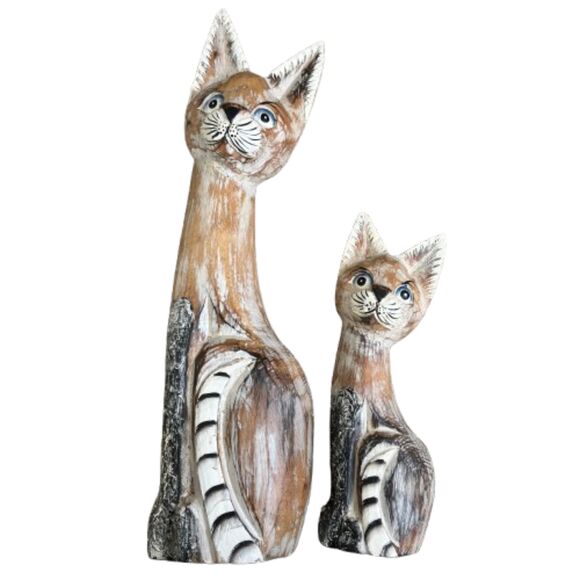 Set Of 2 Hand Carved Wooden & Painted Mama & Baby Siamese Cats 19" & 12"H - Picture 10 of 10